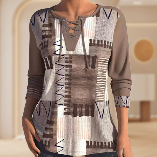 Women's Geometric Print Long Sleeve Top with Tie Front