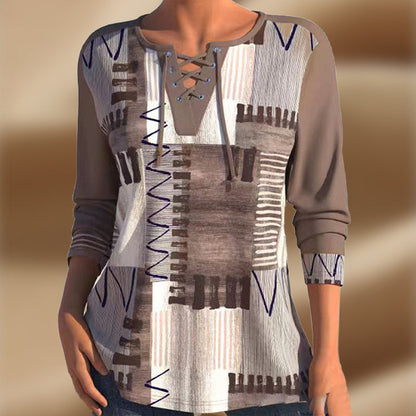 Women's Geometric Print Long Sleeve Top with Tie Front