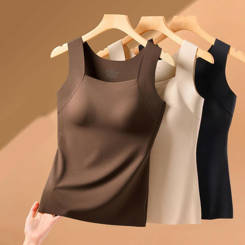 💕2-Piece Set ✨Women’s U Neck Thermal Tank Tops with Built-In Bra 🧥Warm Base Layer Sleeveless Top