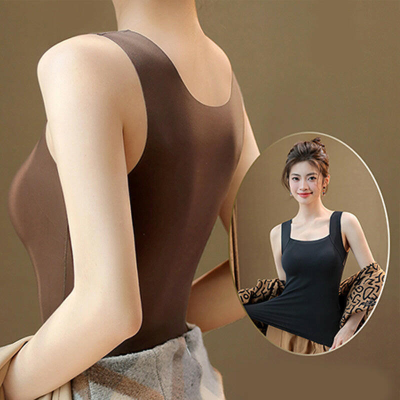 💕2-Piece Set ✨Women’s U Neck Thermal Tank Tops with Built-In Bra 🧥Warm Base Layer Sleeveless Top