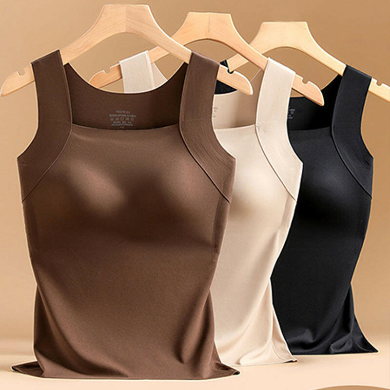 💕2-Piece Set ✨Women’s U Neck Thermal Tank Tops with Built-In Bra 🧥Warm Base Layer Sleeveless Top