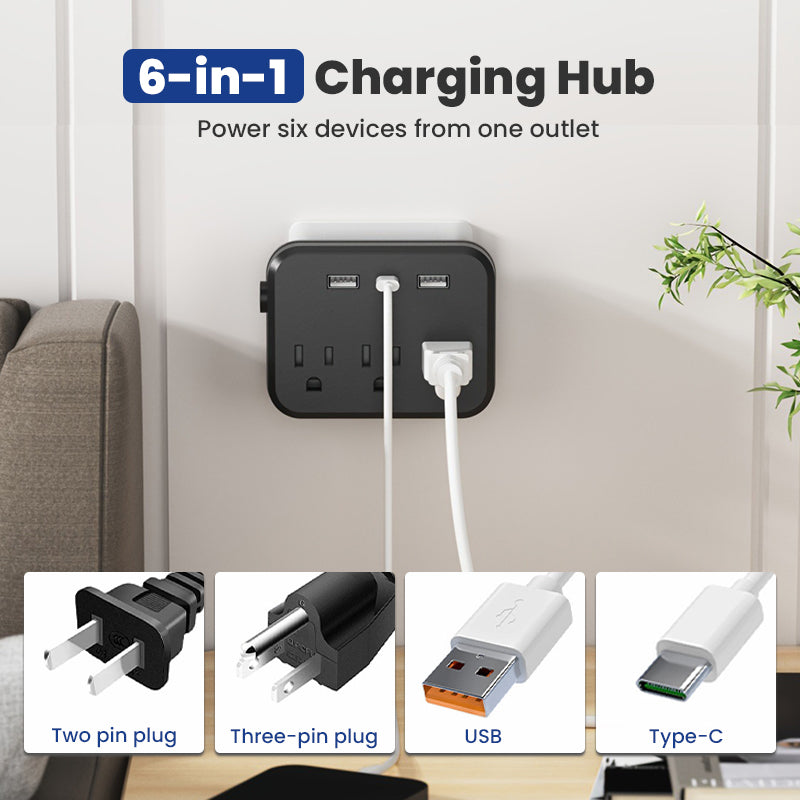 6-in-1 Power Strip with 3 Outlets & 3 USB Ports