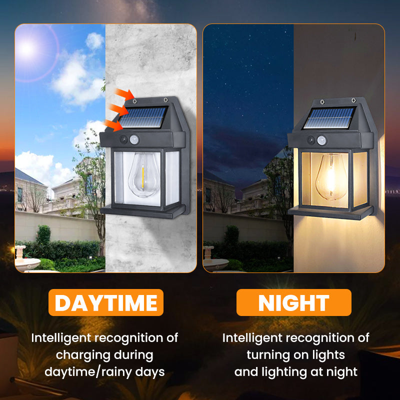 ⚡Motion-Sensor Solar-Powered Tungsten Wall Lamp—Warm glow illuminates when you approach💡, starlight conceals when you depart!🌙