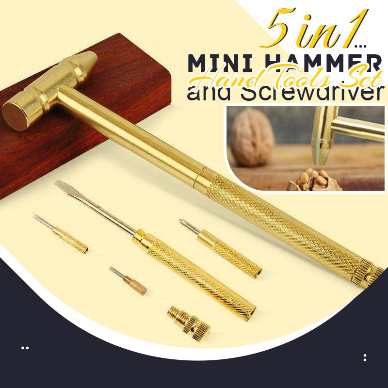 🔨 5 in 1 Mini Hammer & Screwdriver Hand Tools Set – Portable Multi-Function Repair Tool Kit, Compact Gold Multitool for Home, Hobby, Jewelry & Small Craft Repair