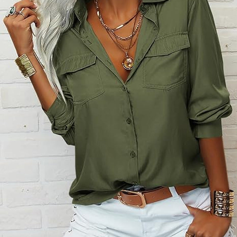 👔 PROMO LIMITÉE -50% ! ✨ Chemise Femme Unie à Revers – Col Classique, Poches Poitrine, Coupe Ample, 6 Coloris, Tailles S-2XL 🌿