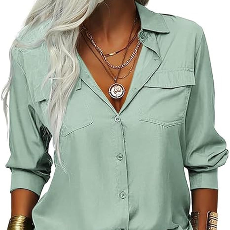 👔 PROMO LIMITÉE -50% ! ✨ Chemise Femme Unie à Revers – Col Classique, Poches Poitrine, Coupe Ample, 6 Coloris, Tailles S-2XL 🌿