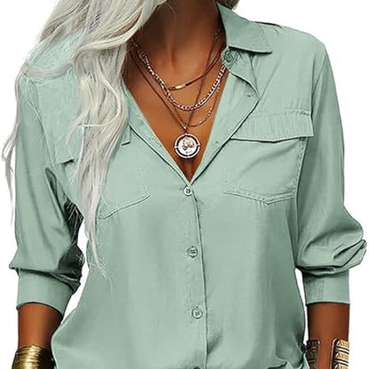 👔 PROMO LIMITÉE -50% ! ✨ Chemise Femme Unie à Revers – Col Classique, Poches Poitrine, Coupe Ample, 6 Coloris, Tailles S-2XL 🌿