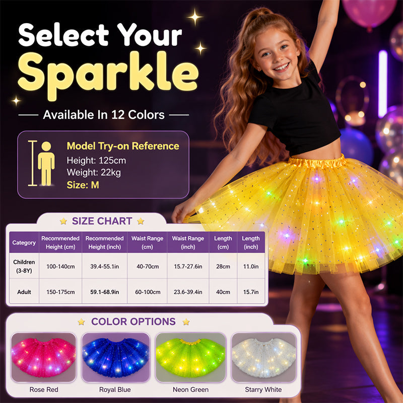 ✨🌈LED Light-Up Sequin Tutu Skirt – Kids & Adult Sizes, Triple-Layer Tulle and Stretch Waistband 💃