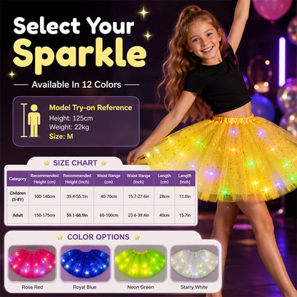 ✨🌈LED Light-Up Sequin Tutu Skirt – Kids & Adult Sizes, Triple-Layer Tulle and Stretch Waistband 💃