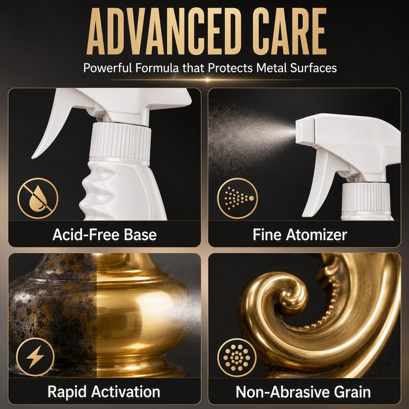 ✨Instant Brass Tarnish Remover Spray 🧴Quickly Remove Oxidation & Dark Stains 🪙Restore Bright Metal Shine 🛡️Gentle No Scratch