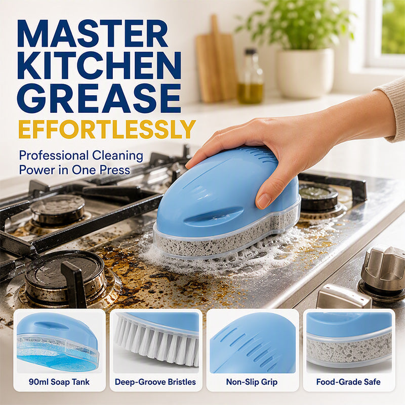 🧽50% OFF NOW ! 🧼Kitchen Oil Cleaning Brush with Built-in Soap Dispenser – Non-Slip Deep Clean Scrub Brush for Stove Dish Pot Household Kitchen Use