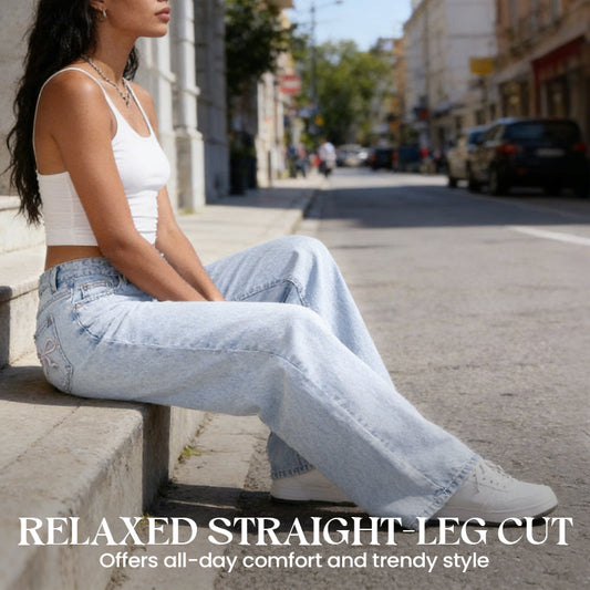 Butt-lifting jeans Bow Embroidered High-Waist Straight-Leg Jeans