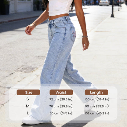 Bow Embroidered High-Waist Straight-Leg Jeans