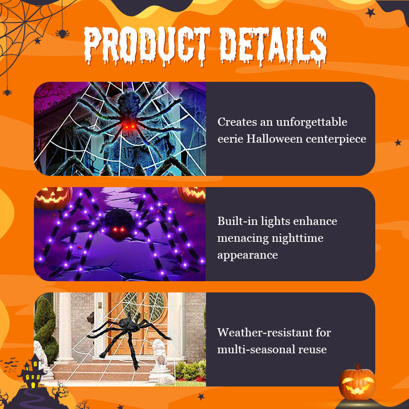 🎃Giant Halloween Spider Web Lights & Hairy Spider Decor – Choose 5m LED Web, 150cm Spider or Complete Set