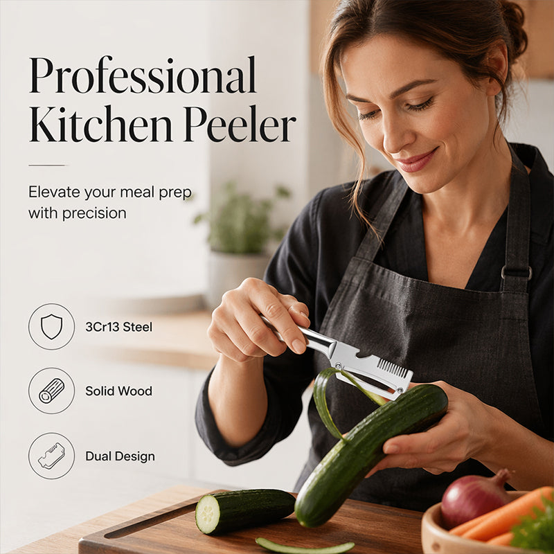 🥕Multi‑Functional Stainless Steel Peeler and Scallion Shredder – Dual‑Design Kitchen Prep Tool, Solid Wood Handle Vegetable Fruit Peeler for Home Cooking Meal Prep
