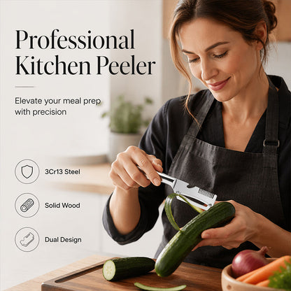 🥕Multi‑Functional Stainless Steel Peeler and Scallion Shredder – Dual‑Design Kitchen Prep Tool, Solid Wood Handle Vegetable Fruit Peeler for Home Cooking Meal Prep