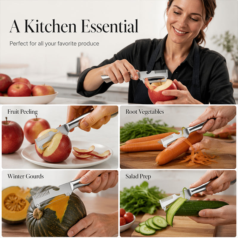 🥕Multi‑Functional Stainless Steel Peeler and Scallion Shredder – Dual‑Design Kitchen Prep Tool, Solid Wood Handle Vegetable Fruit Peeler for Home Cooking Meal Prep