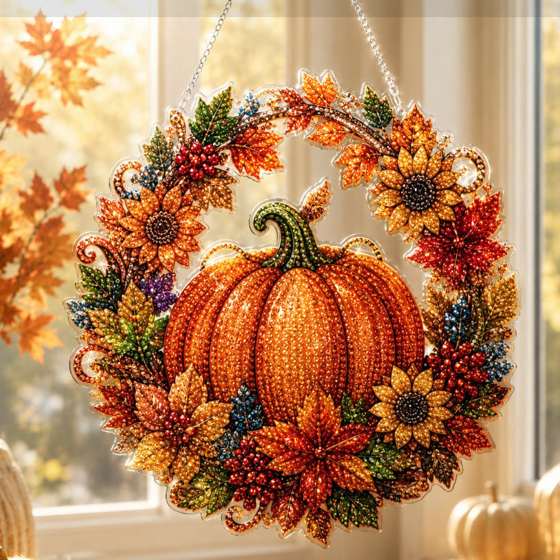 🍂 Autumnal Pumpkin Wreath Diamond Painting Hanging Decor, Complete DIY Kit