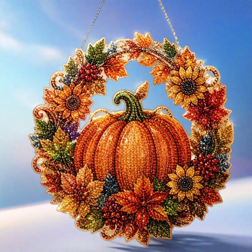 🍂 Autumnal Pumpkin Wreath Diamond Painting Hanging Decor, Complete DIY Kit