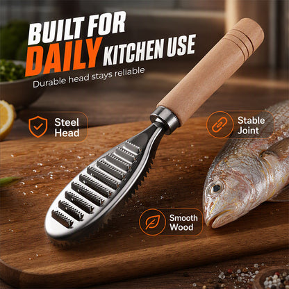 Stainless Steel Fish Scaler with Wooden Handle