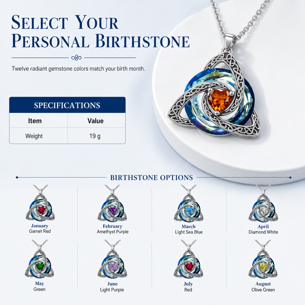 💎 Celtic Knot Birthstone Necklace: Heart Crystal, 12 Colors, Copper & Zircon, 45+5cm Chain