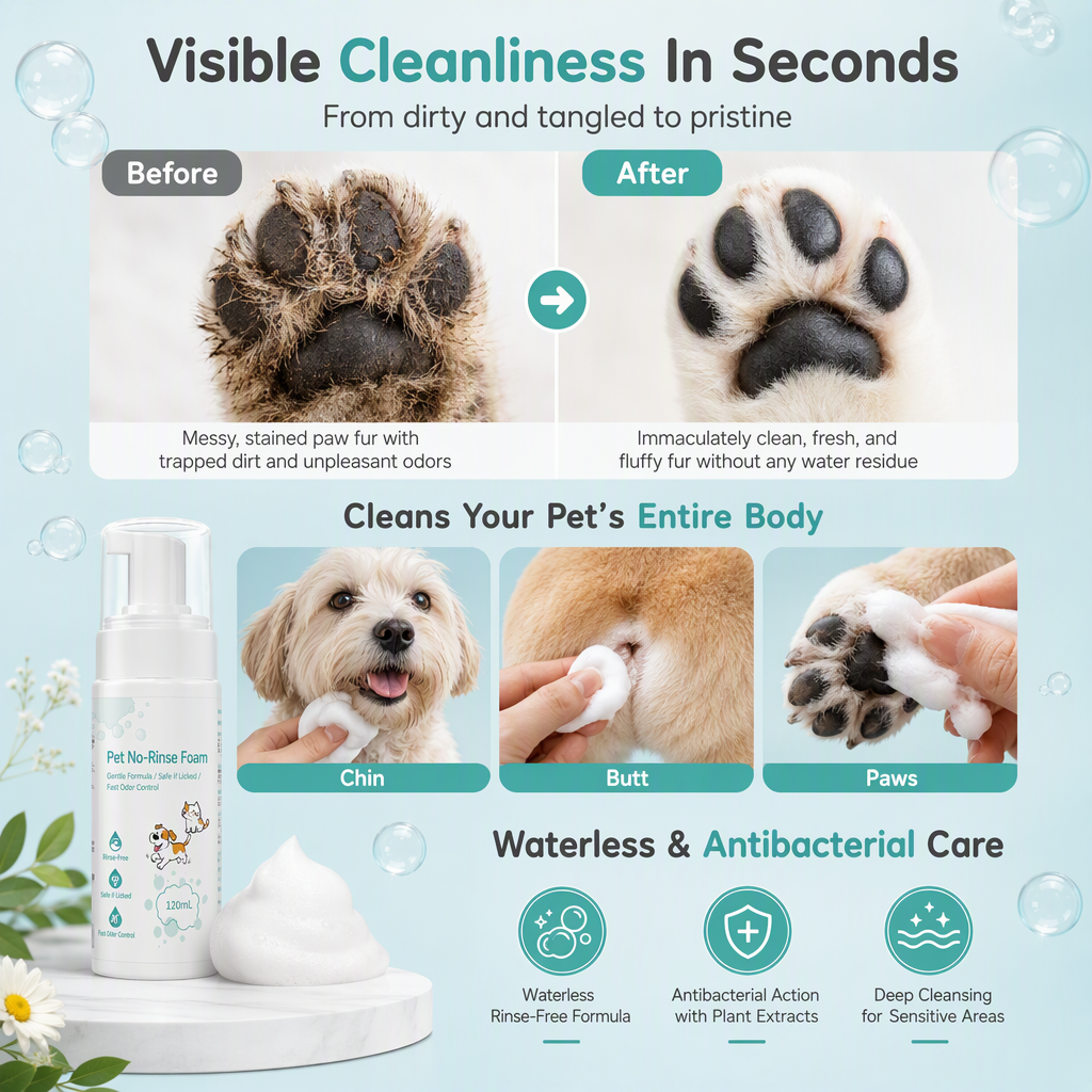 🐾  No-Rinse Pet Cleansing Foam – Gentle Waterless Mousse, Botanical-Extract Formula & Targeted Cleaning for Paws, Chins & Fur – Quick Freshening Between Baths, Travel & Winter 🌿
