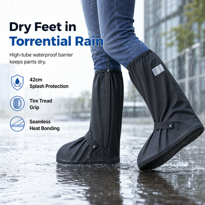 🌧️  Waterproof High‑Top Rain Shoe Covers – Non‑Slip PVC, 42cm Splash Barrier & Reflective Night Safety 👟