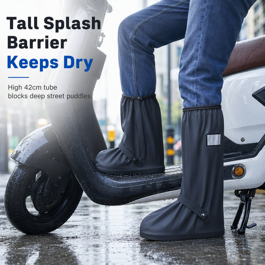 🌧️  Waterproof High‑Top Rain Shoe Covers – Non‑Slip PVC, 42cm Splash Barrier & Reflective Night Safety 👟