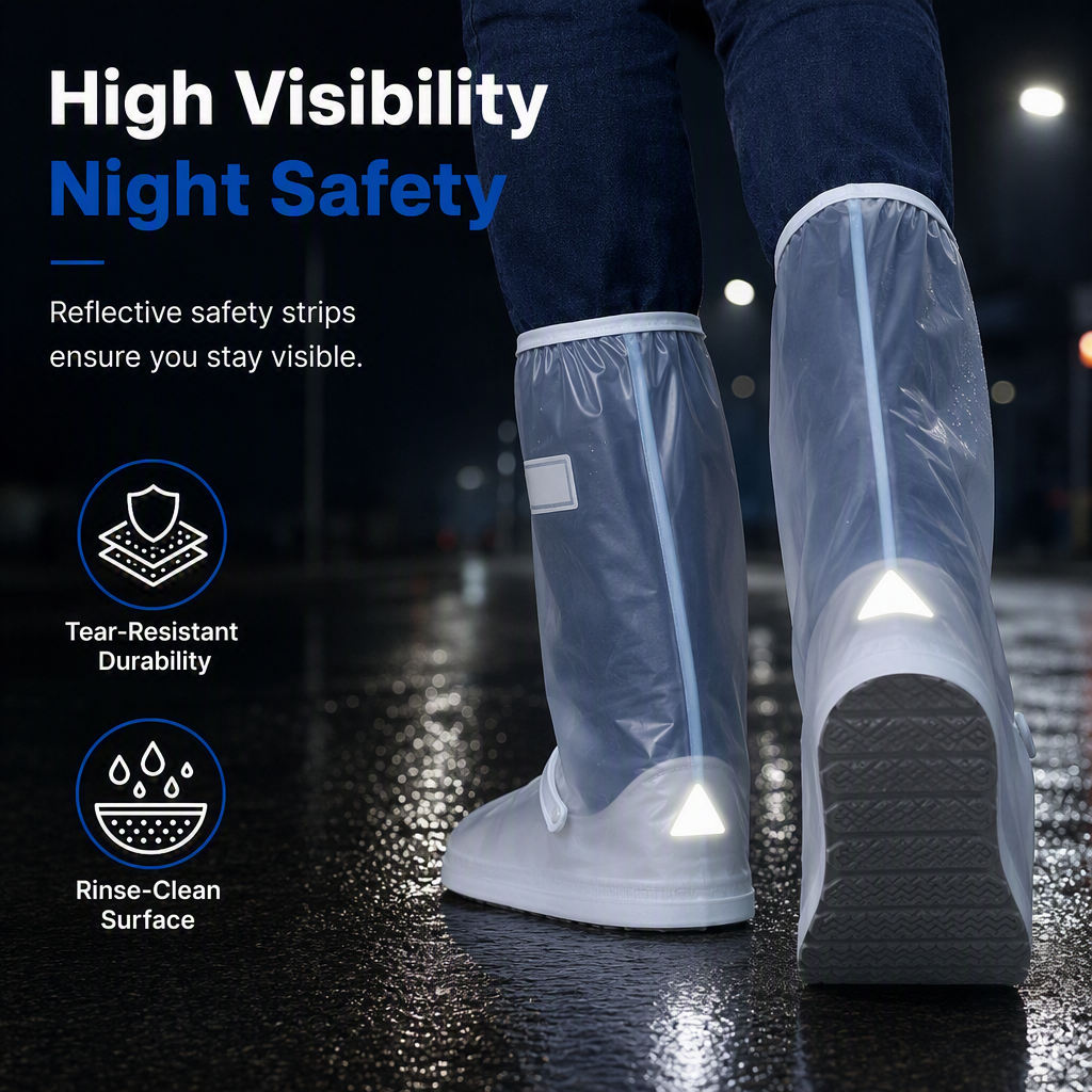 🌧️  Waterproof High‑Top Rain Shoe Covers – Non‑Slip PVC, 42cm Splash Barrier & Reflective Night Safety 👟