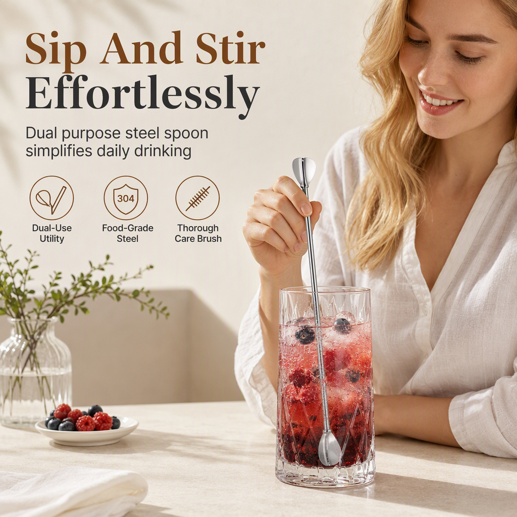 Dual-Use Stainless Steel Spoon Straw