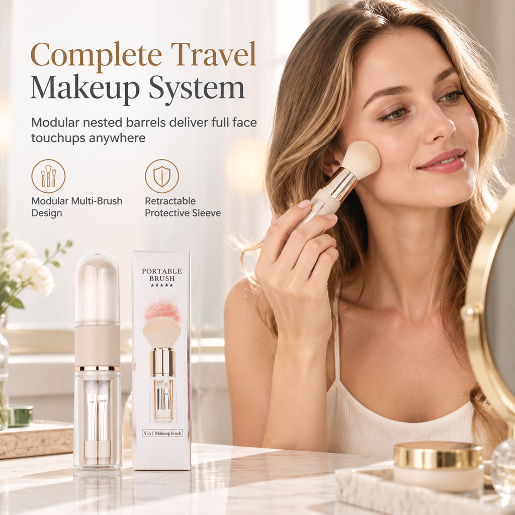 Portable Retractable Makeup Brush Set Multifunctional Travel Cosmetic Tool with Powder Blush and Silicone Lip Brush