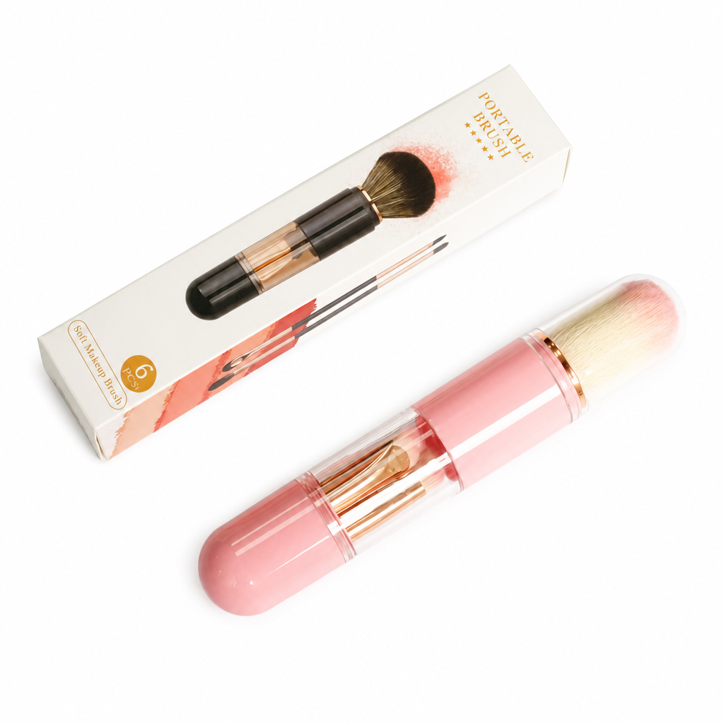 Portable Retractable Makeup Brush Set Multifunctional Travel Cosmetic Tool with Powder Blush and Silicone Lip Brush