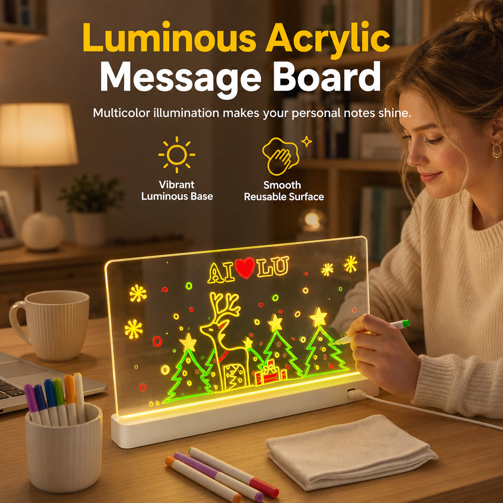Rechargeable LED Light Up Acrylic Dry Erase Board Desktop Erasable Glowing Note Board with Stand for Message and Price Display