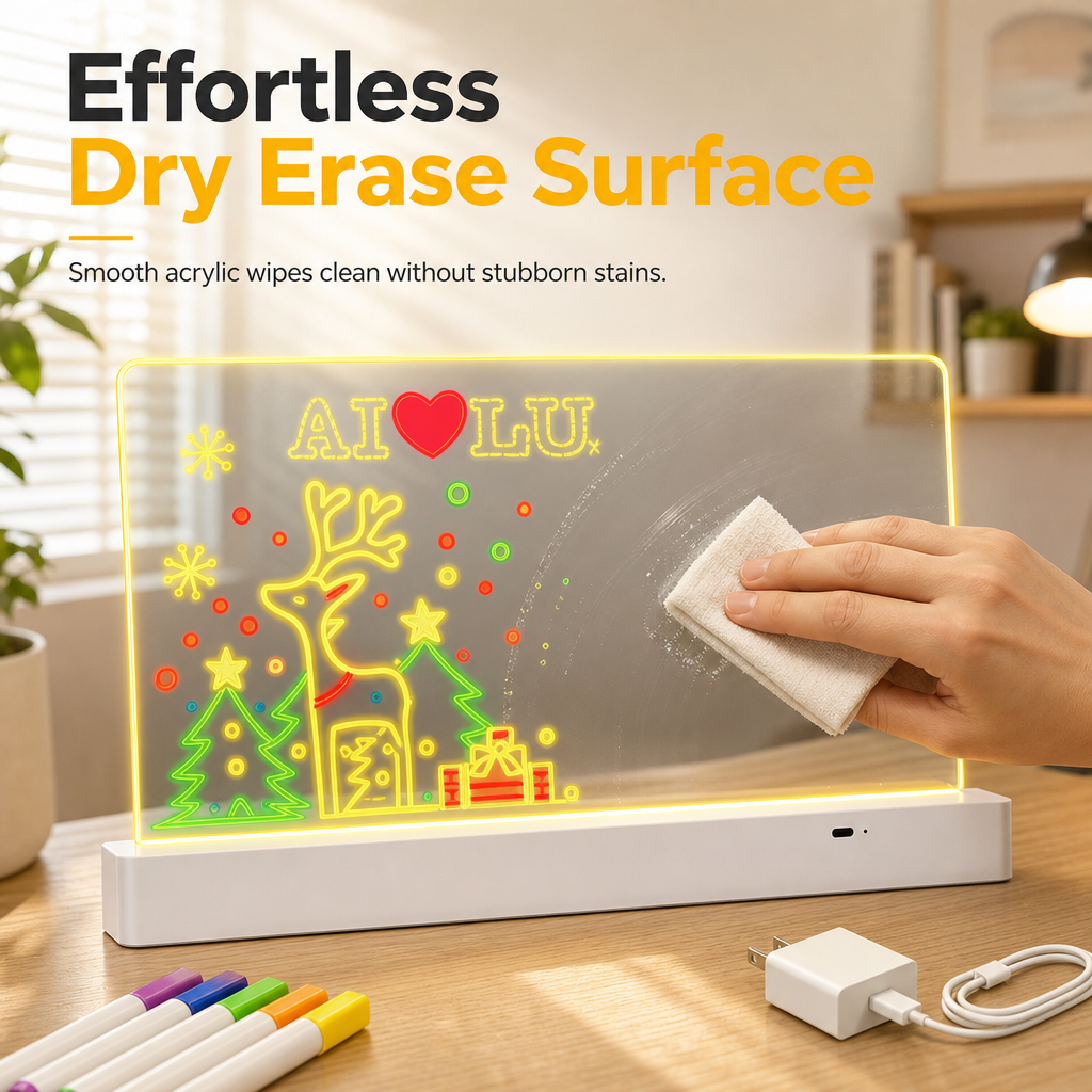 Rechargeable LED Light Up Acrylic Dry Erase Board Desktop Erasable Glowing Note Board with Stand for Message and Price Display
