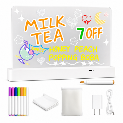 Rechargeable LED Light Up Acrylic Dry Erase Board Desktop Erasable Glowing Note Board with Stand for Message and Price Display