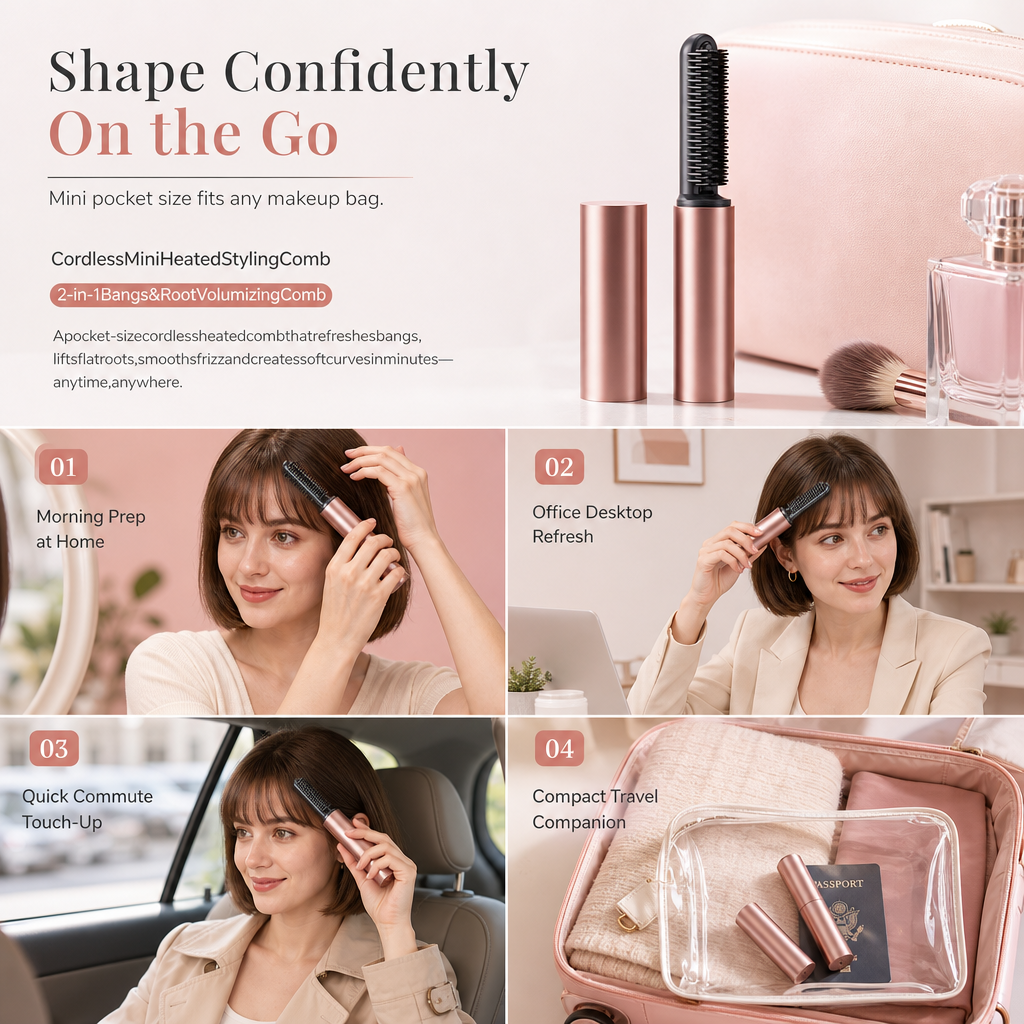 Cordless Mini Heated Hair Straightener Brush Portable Rechargeable Hair Styling Comb for Bangs and Volumizing