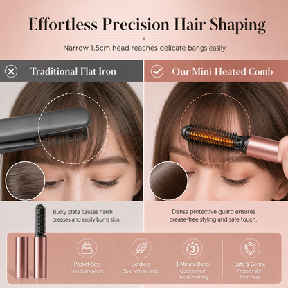Cordless Mini Heated Hair Straightener Brush Portable Rechargeable Hair Styling Comb for Bangs and Volumizing