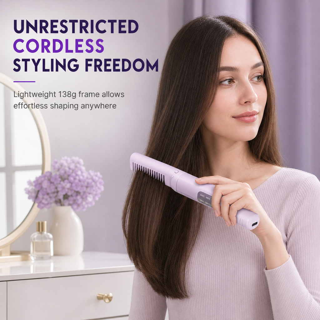 Portable Cordless Hair Straightener Brush and Curler 2 in 1 Mini Rechargeable Hair Straightening Comb for Travel
